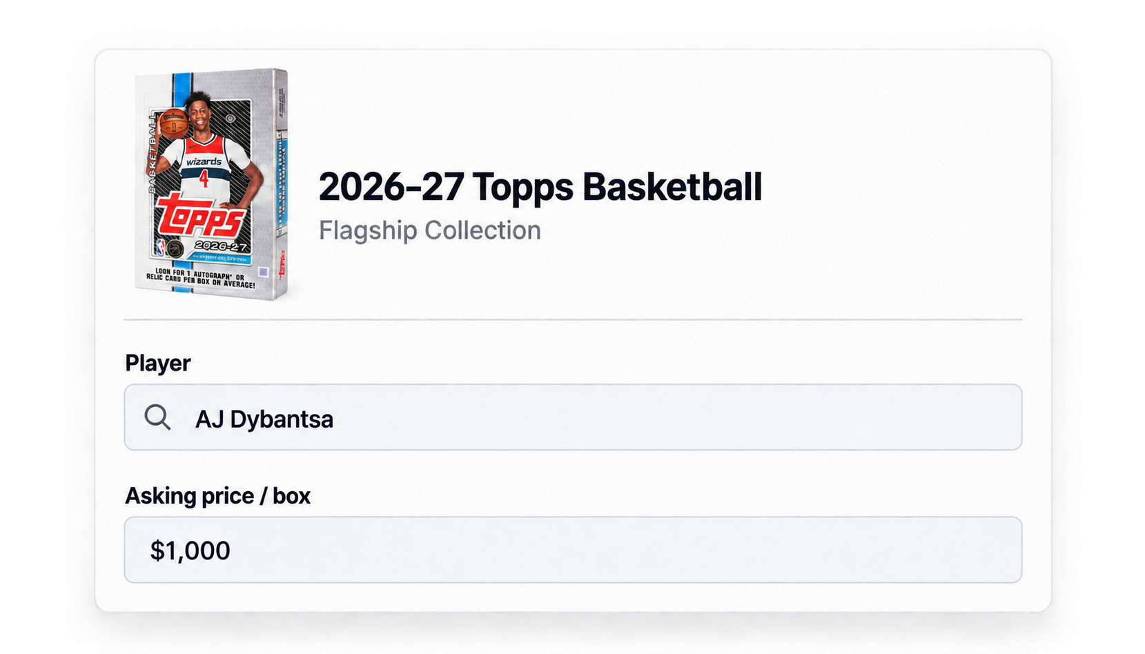 Abacus product screen: search for a player and enter the asking price per box